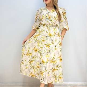 VESTIDO ALMA BELLA - YUCATAN STAMP-STAMP BEIS CON FLORES MOSTAZA, CAFÉ Y VERDES