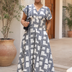 VESTIDO MARJORIE BERLYN RAYON BEIS +RAYAS NEGRAS MONOCROMATICO