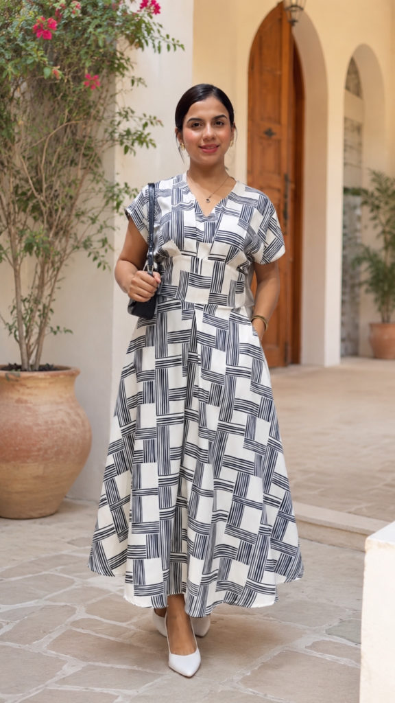 VESTIDO MARJORIE BERLYN RAYON BEIS +RAYAS NEGRAS MONOCROMATICO